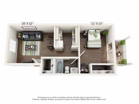 a bedroom with a bed and a chair in a small room